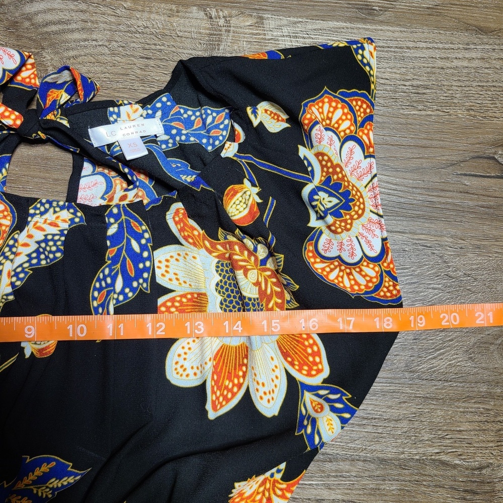 Lauren Conrad Black Floral Boho Mini Dress XS Sleeveless Tie Neck Keyhole Waist - Picture 3 of 10